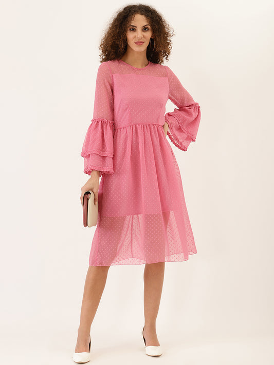 Pink Sheer Polka Dot Midi Dress for Women – Flared Sleeves & Layered Mesh Design