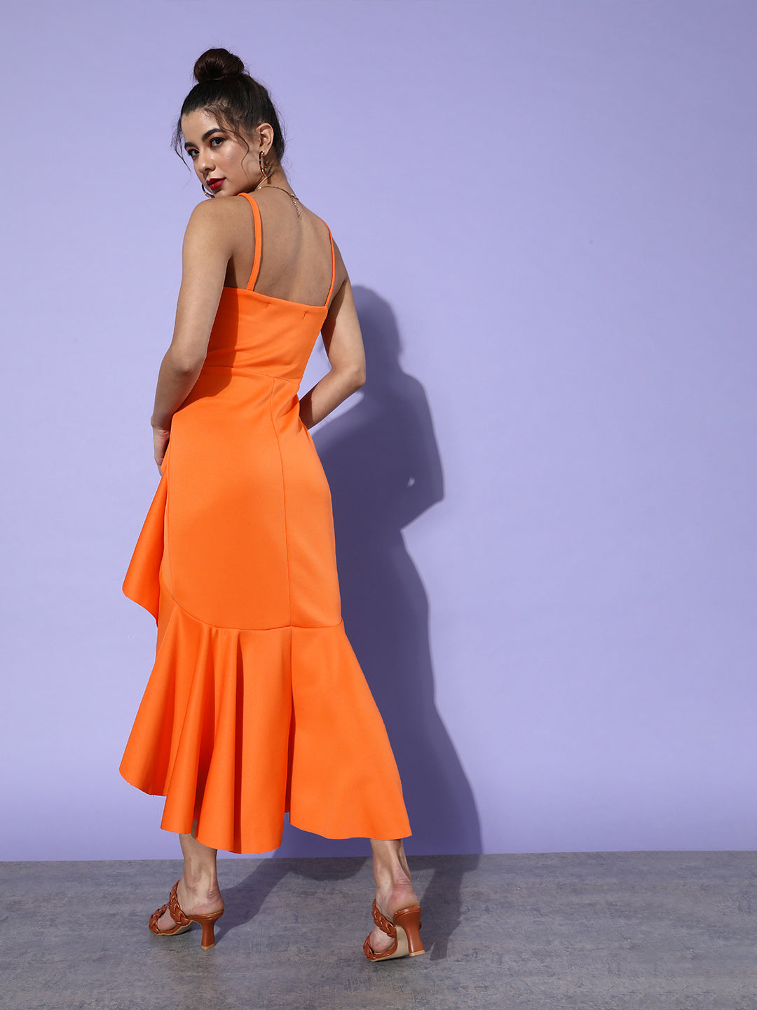 Bold Orange Ruffle Bodycon Dress Statement Partywear with Spaghetti Straps