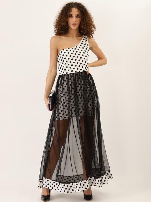 Women's One-Shoulder Polka Dot Dress with Sheer Black Net Overlay  Elegant Western Maxi Gown
