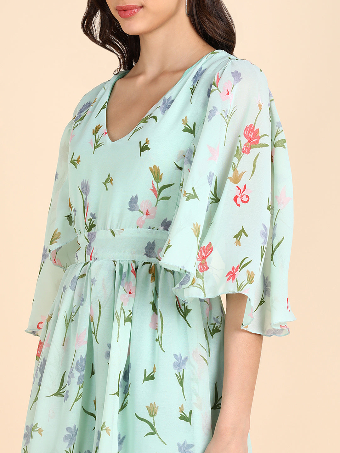 Floral Mint Green A-Line Midi Dress with Bell Sleeves – Summer Casual Dress for Women