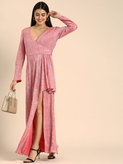 Pink Metallic Pleated Gown with Slit and Draped Detail