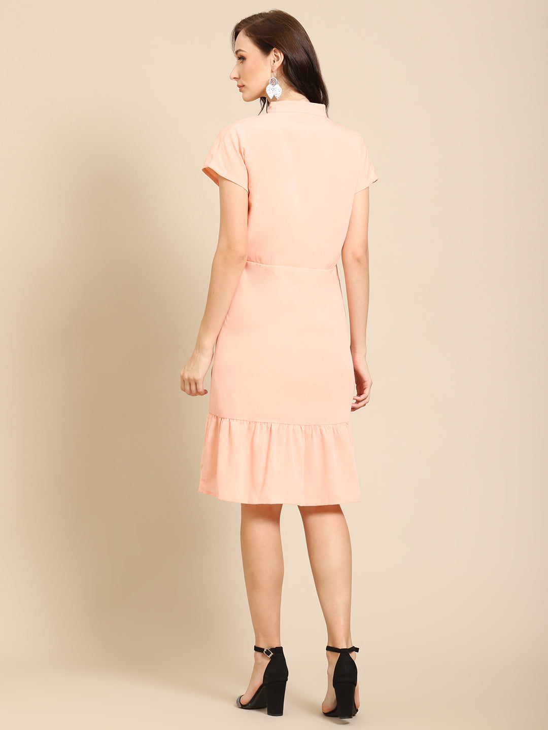 Elegant Peach Midi Dress for Women with Ruffled Hem and Mandarin Collar