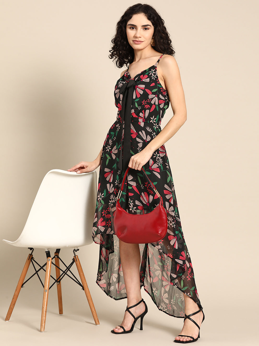 Black Floral High-Low Dress for Women Spaghetti Strap Asymmetric Hem Dress with Bow Detail