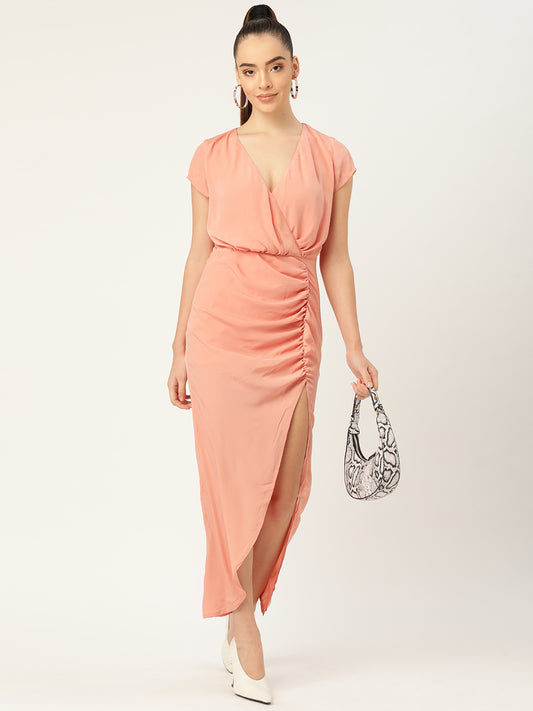 Women Peach Wrap Maxi Dress with Ruched Detail and High Slit