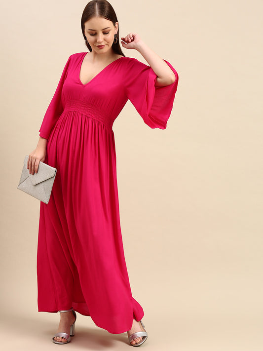 Hot Red Maxi Dress for Women - V-Neck, Flared Sleeves, Smocked Waist