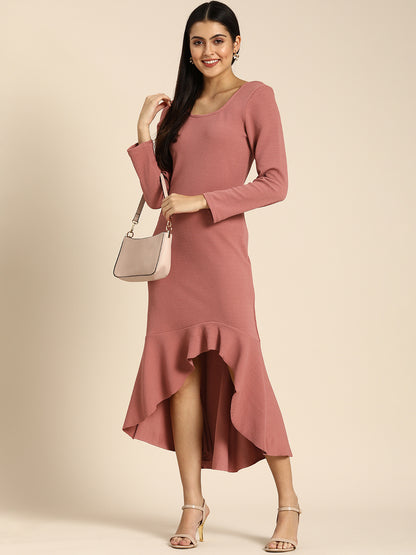 Pink High-Low Bodycon Dress with Ruffle Hem
