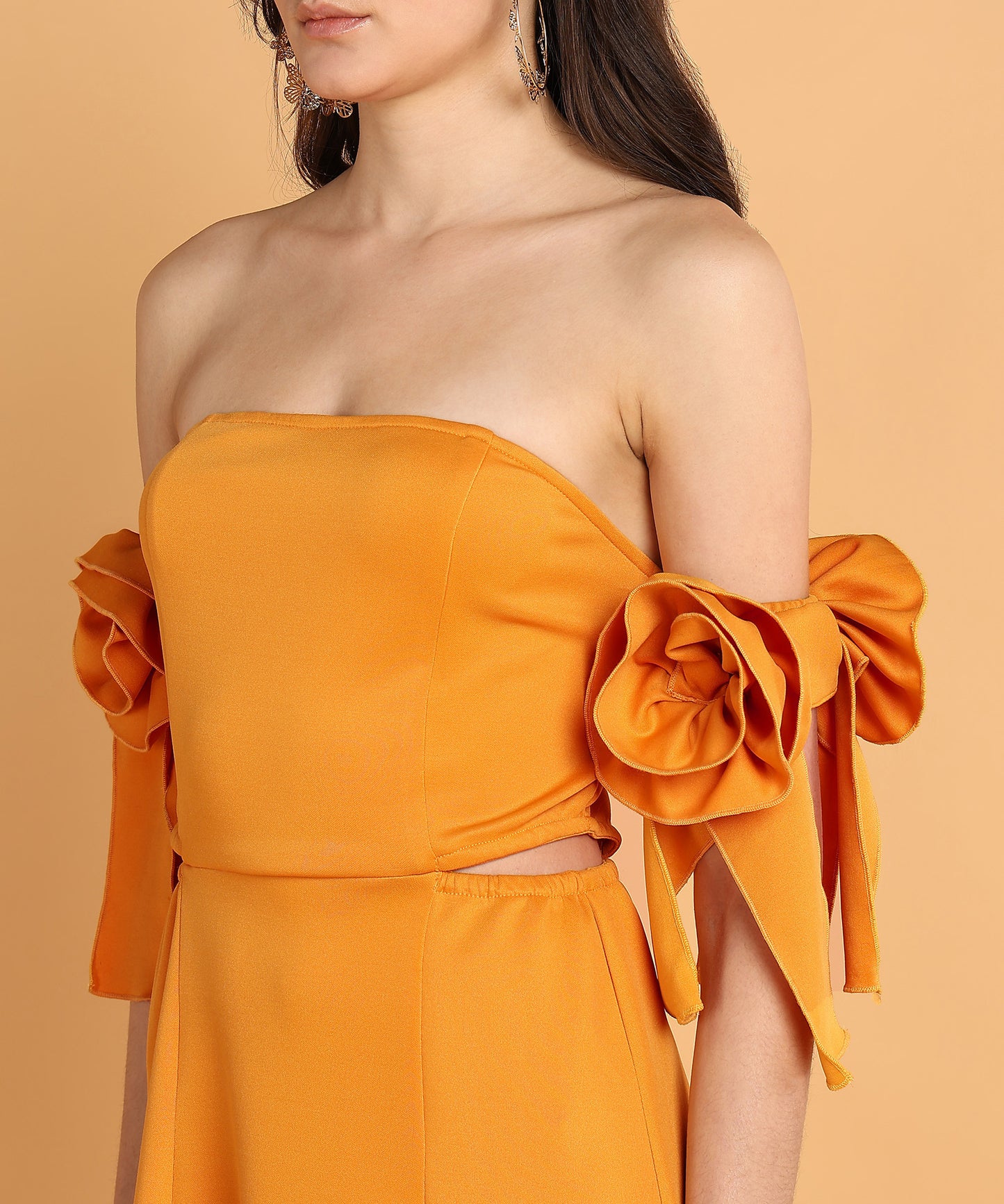 Orange Off-Shoulder Mini Dress with Floral Sleeve Bows for Women