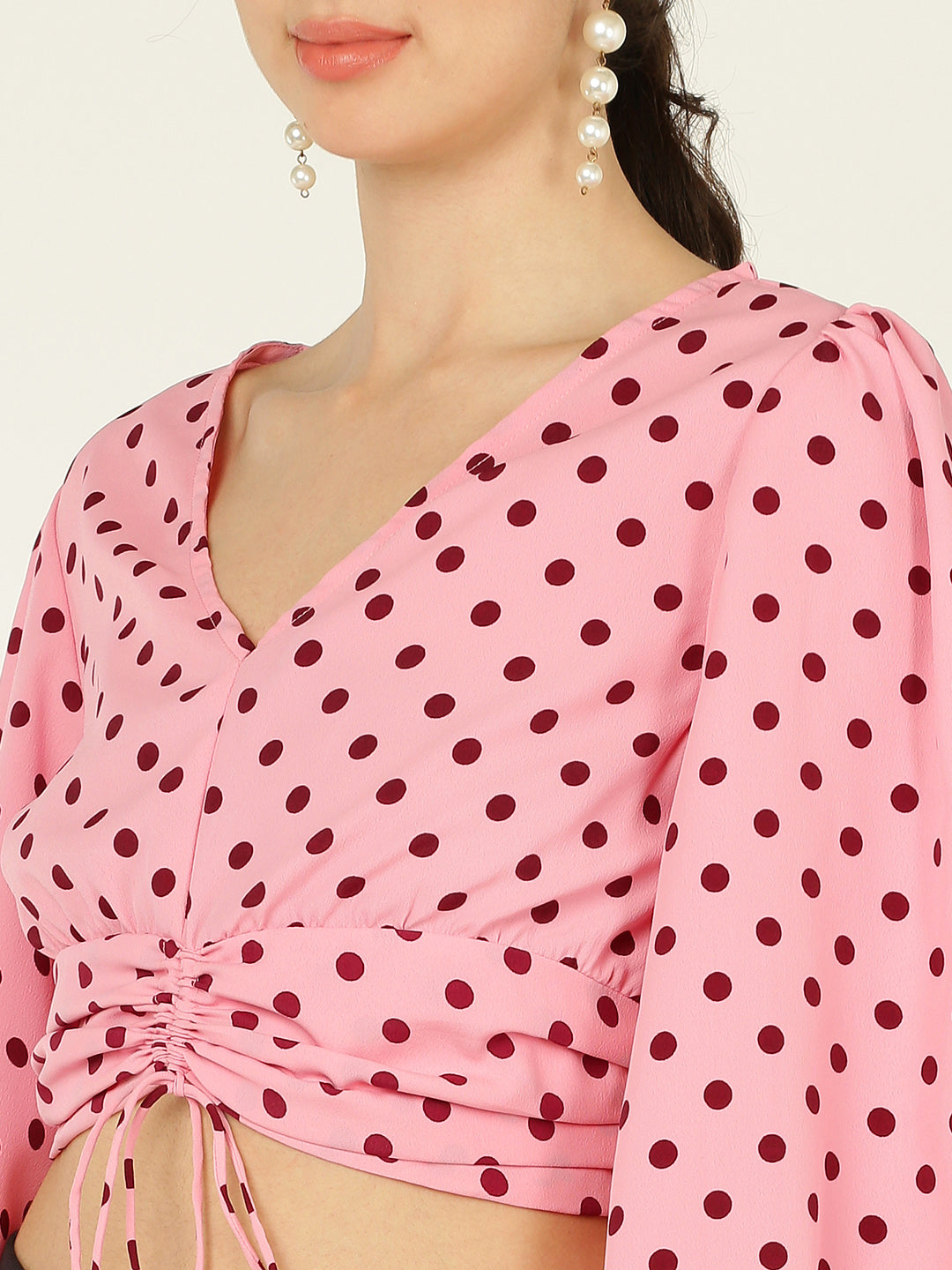 Pink Polka Dot Ruched Crop Top for Women – V-Neck Long Sleeve Puff Top