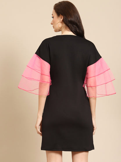 Black V-Neck Mini Dress with Pink Organza Ruffle Sleeves – Trendy Party Wear for Women