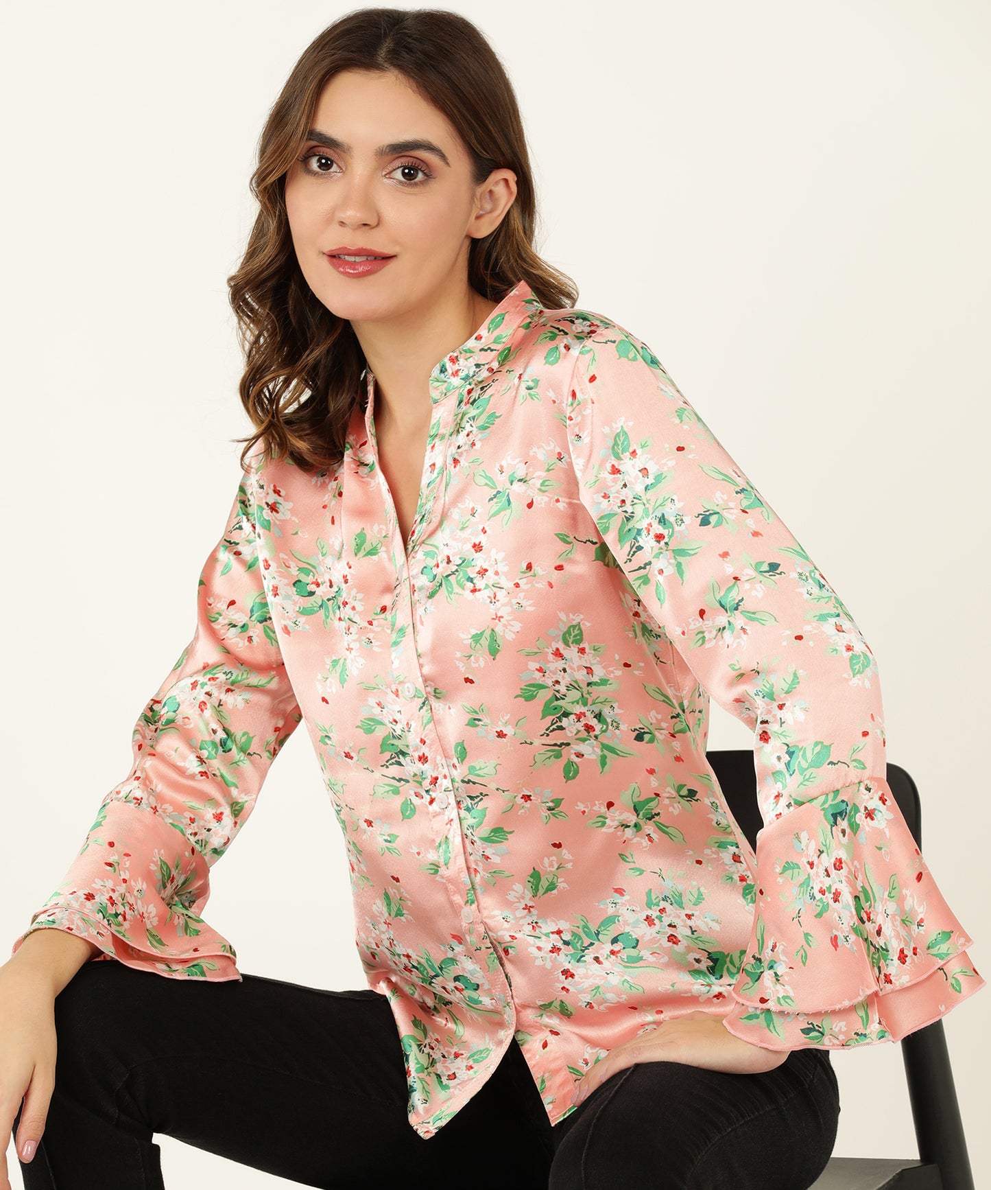 Women's Pink Floral Printed Satin Shirt with Flared Sleeves
