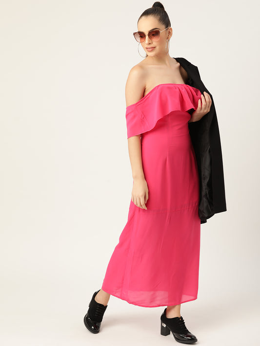Women Pink Off Shoulder Ruffle Maxi Dress