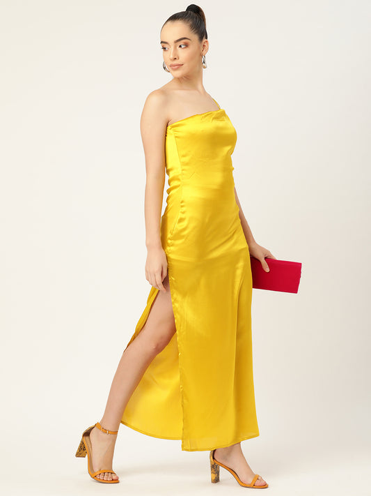 Women Yellow Satin One Shoulder Maxi Dress Elegant Evening Wear