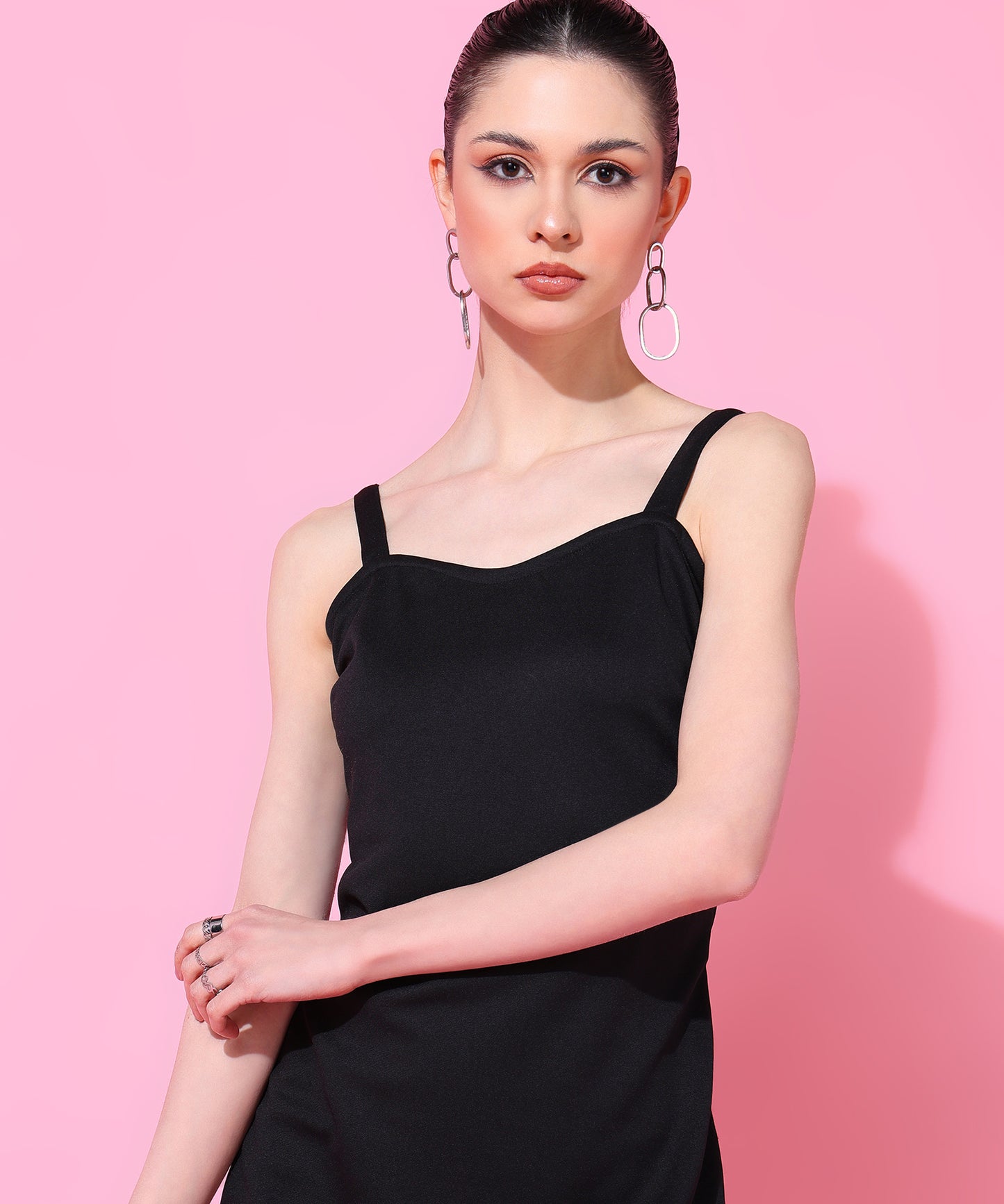 Black Mini Dress with Pink Ruffle Hem for Women