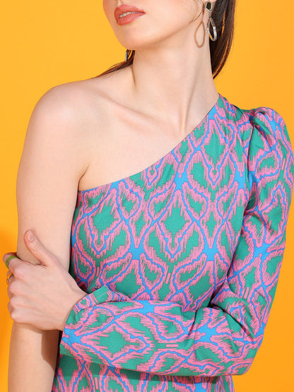 Women's One Shoulder Printed Bodycon Dress with Puff Sleeve – Party Wear