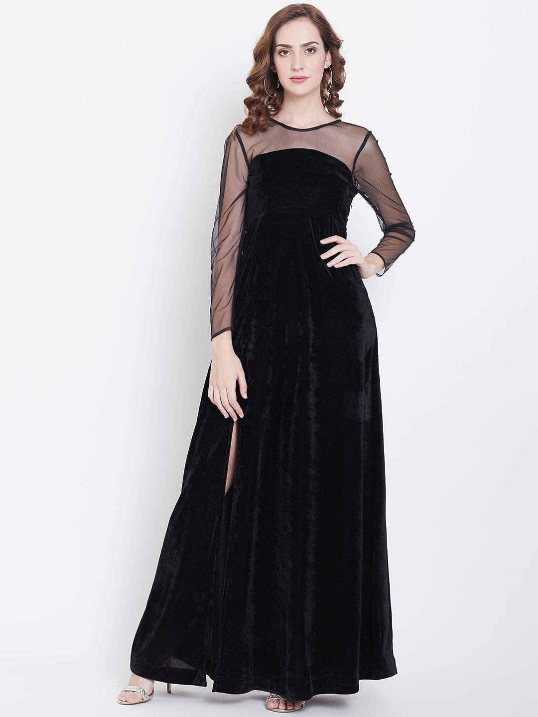 Black Floor Length Gown with Sheer Net Yoke and Sleeves