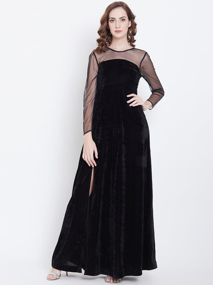Black Floor Length Gown with Sheer Net Yoke and Sleeves