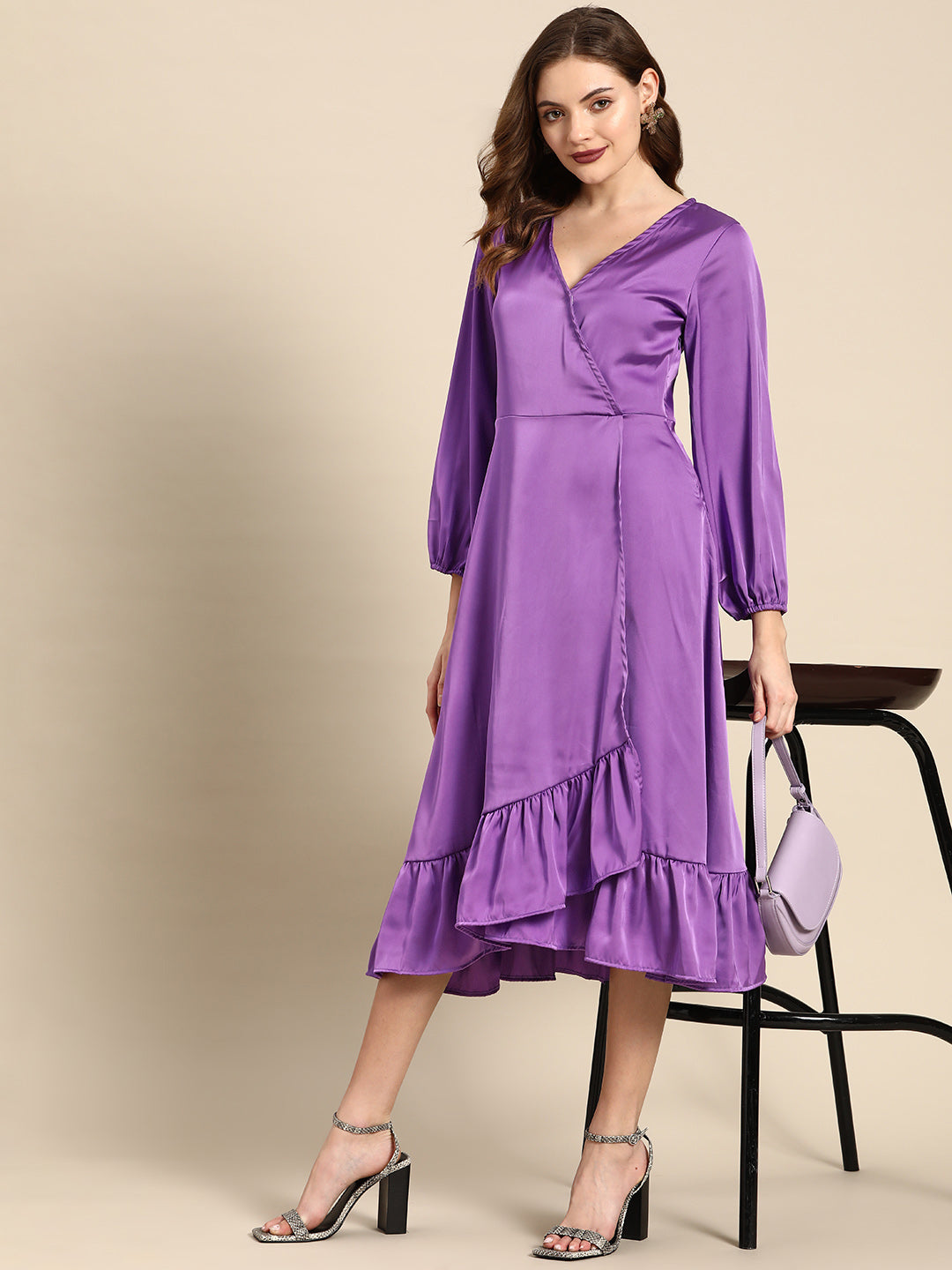 Purple Satin V-Neck Flounce Hem Midi Dress with Puff Sleeves