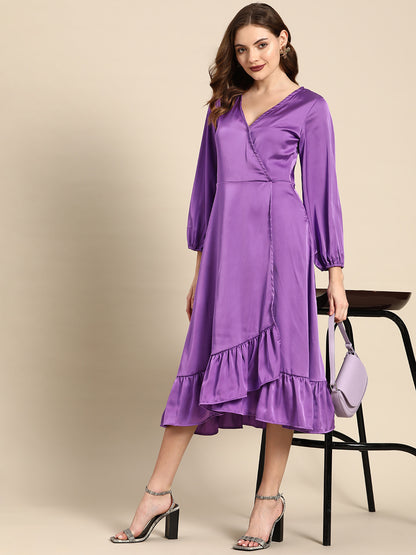 Purple Satin V-Neck Flounce Hem Midi Dress with Puff Sleeves