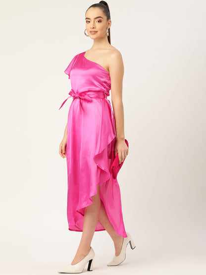 Hot Pink One-Shoulder Satin Midi Dress for Women – Elegant Party & Evening Wear
