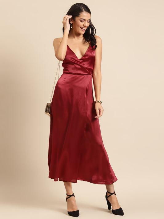 Wine Red Satin Wrap Dress for Women | Spaghetti Strap Midi Dress for Parties