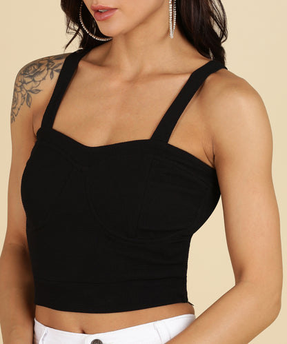 Women's Black Bustier Crop Top – Sleeveless Fitted Top for Party, Casual & Street Style Looks