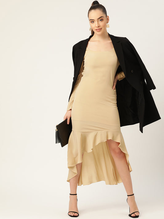 Women Beige High-Low Ruffle Hem Long Sleeve Dress