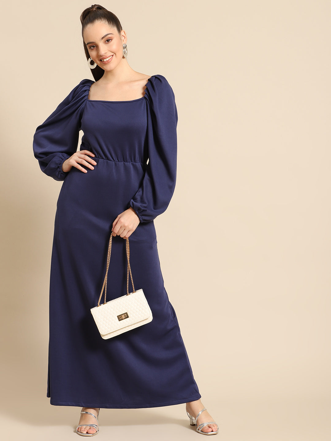 Elegant Navy Blue Maxi Dress for Women – Long Puff Sleeve Evening Gown with Square Neck