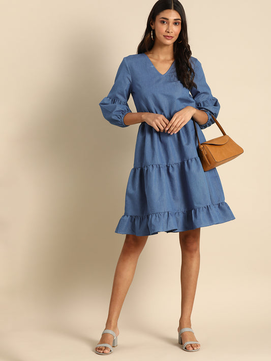 Blue Denim Tiered Mini Dress for Women with V-Neck and Ruffle Hem