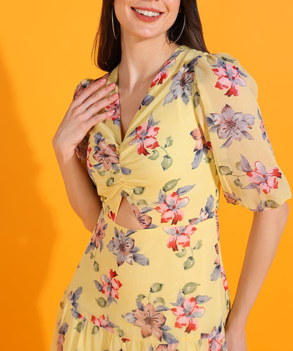 Yellow Floral Cut-Out Midi Dress with Puff Sleeves – Trendy Summer Dress for Women