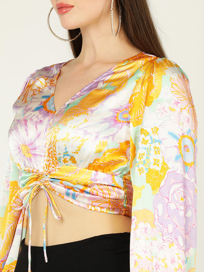 Women's Satin Floral Print V-Neck Crop Top with Drawstring Detail