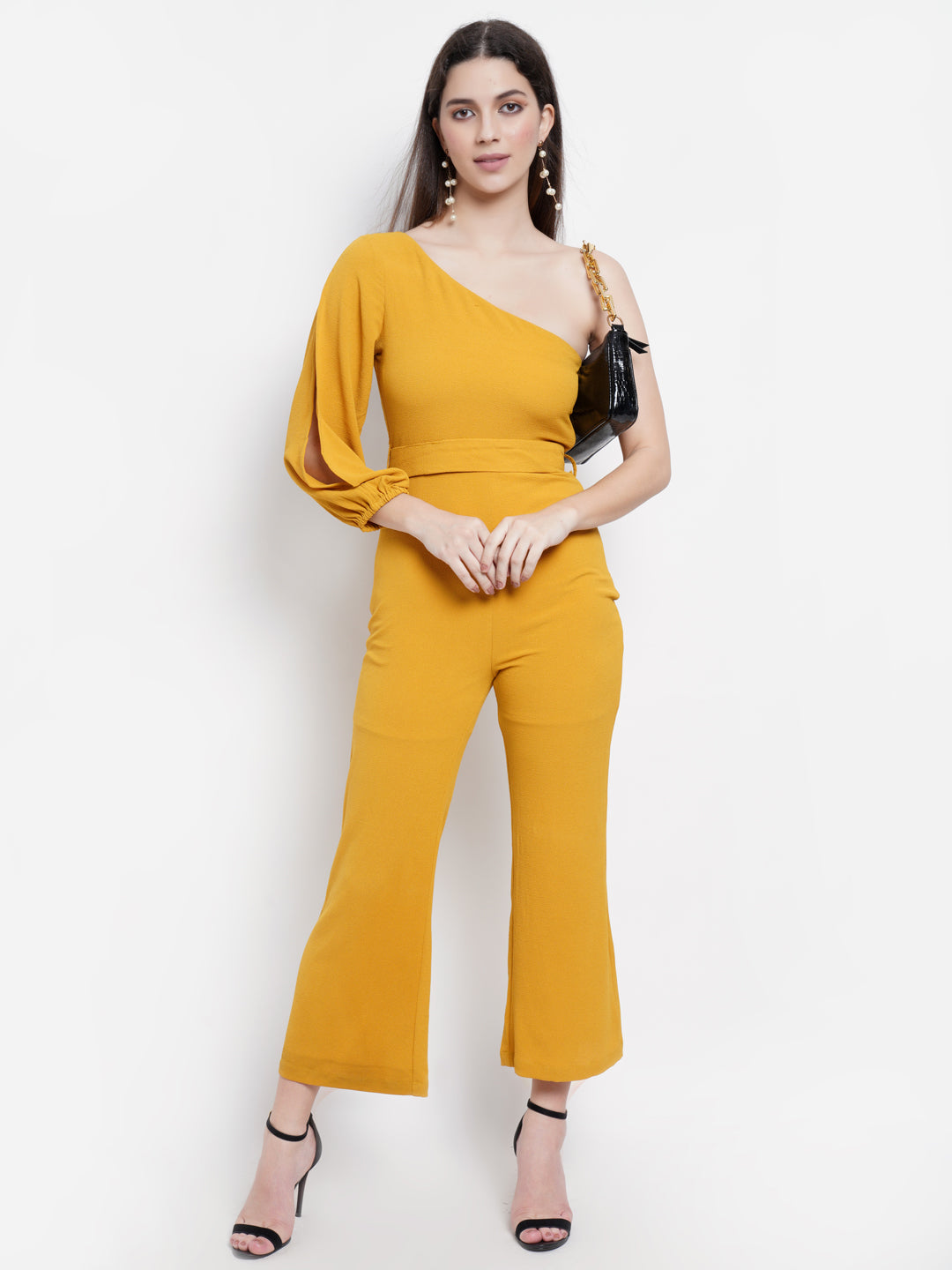 Mustard Yellow One-Shoulder Jumpsuit with Slit Sleeve – Elegant Party Wear