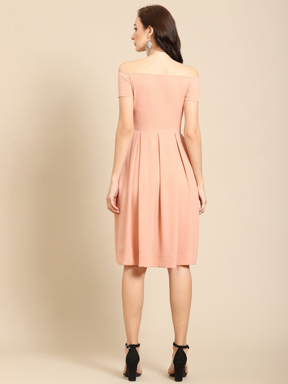 Elegant Peach Off Shoulder Pleated Midi Dress for Women