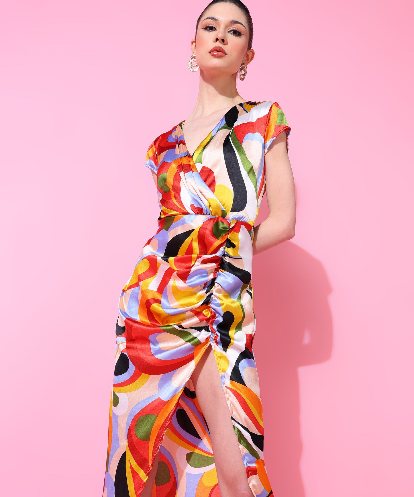 Multicolor Abstract Print Ruched High Slit Wrap Dress for Women