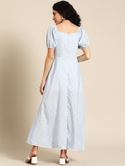 Lavender Floral Print Maxi Dress for Women with Puff Sleeves & Front Slit – Elegant Summer Casual Dress