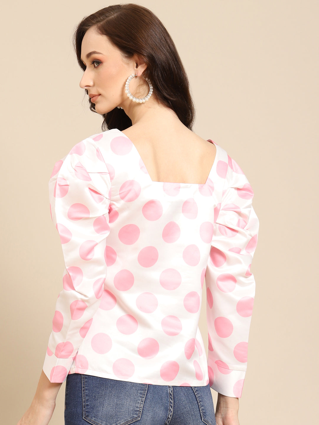 White and Pink Polka Dot Puff Sleeve Top for Women | Trendy Button Down Blouse