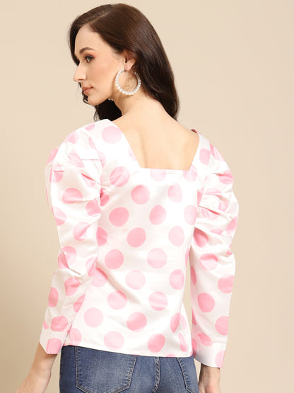 White and Pink Polka Dot Puff Sleeve Top for Women | Trendy Button Down Blouse