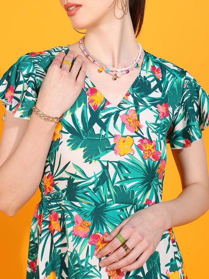 Women's Tropical Floral Printed Short Dress with Ruffle Sleeves and Tiered Hem