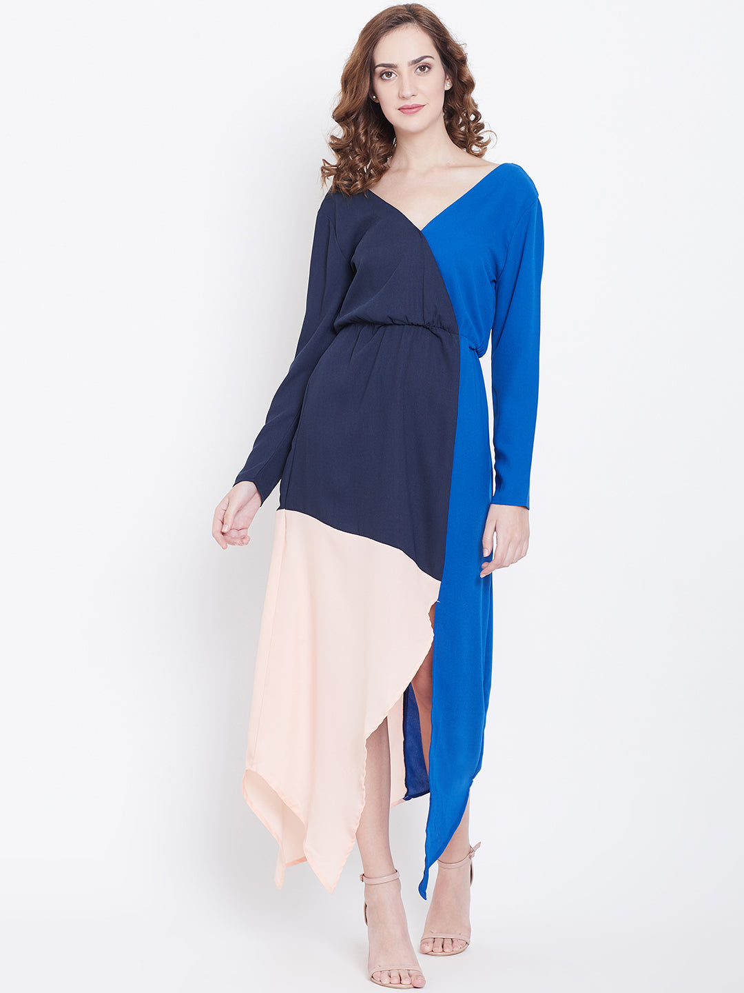 Colorblock Asymmetric Hem Maxi Dress with One Shoulder Detail