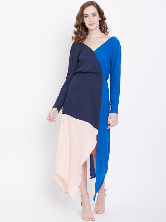 Colorblock Asymmetric Hem Maxi Dress with One Shoulder Detail