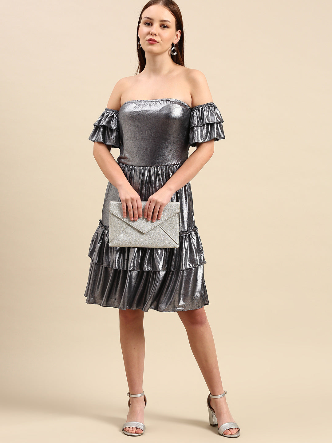 Metallic Silver Off-Shoulder Dress - Tiered Ruffles, Party Wear