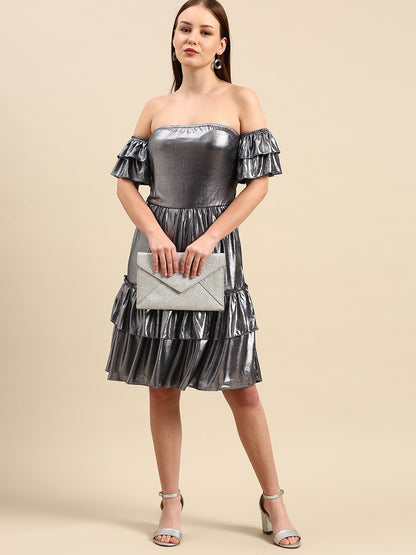 Metallic Silver Off-Shoulder Dress - Tiered Ruffles, Party Wear