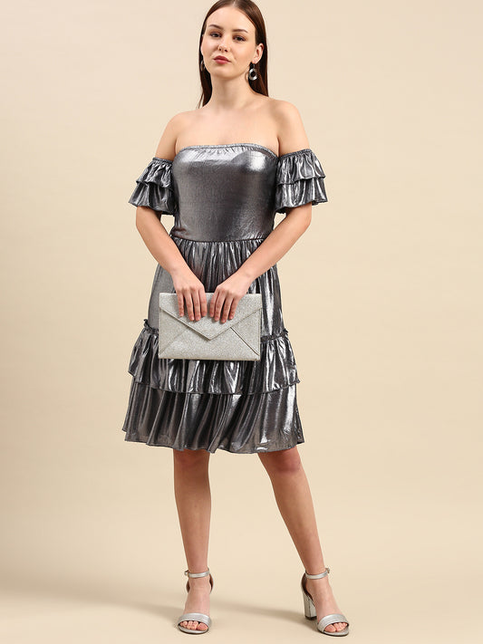 Metallic Silver Off-Shoulder Dress - Tiered Ruffles, Party Wear