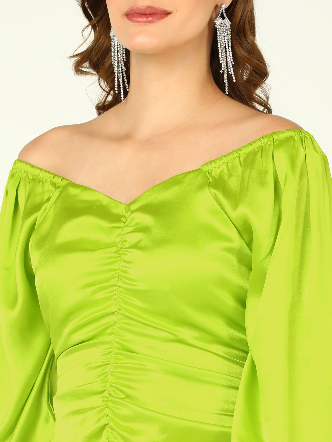 Lime Green Off-Shoulder Ruched Bodycon Dress with Bell Sleeves