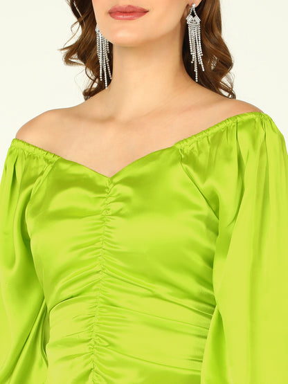Lime Green Off-Shoulder Ruched Bodycon Dress with Bell Sleeves