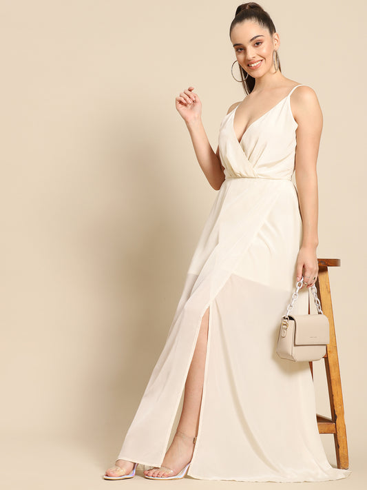 Ivory White Spaghetti Strap Maxi Dress for Women – Flowy V-Neck Gown for Parties & Weddings