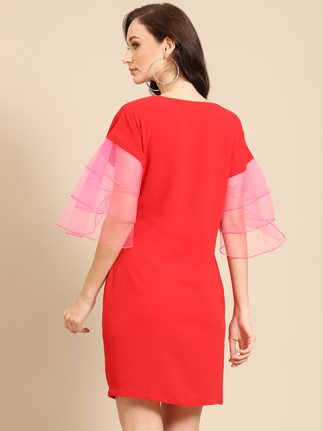 Red Mini Dress with Pink Organza Ruffle Sleeves – Bold & Trendy Party Outfit for Women