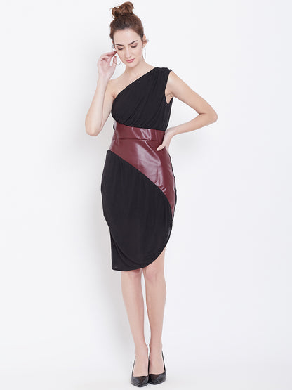 Black One Shoulder Dress with Brown Faux Leather Panel