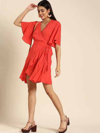 Vibrant Red Wrap Dress with Flutter Sleeves & Ruffle Hem  Effortless Chic