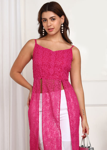 Women's Pink Lace Long Kurti | Stylish Party Wear Set