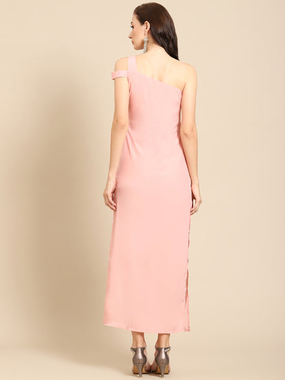 Women’s Peach One Shoulder Satin Maxi Dress – Elegant Party Wear Gown